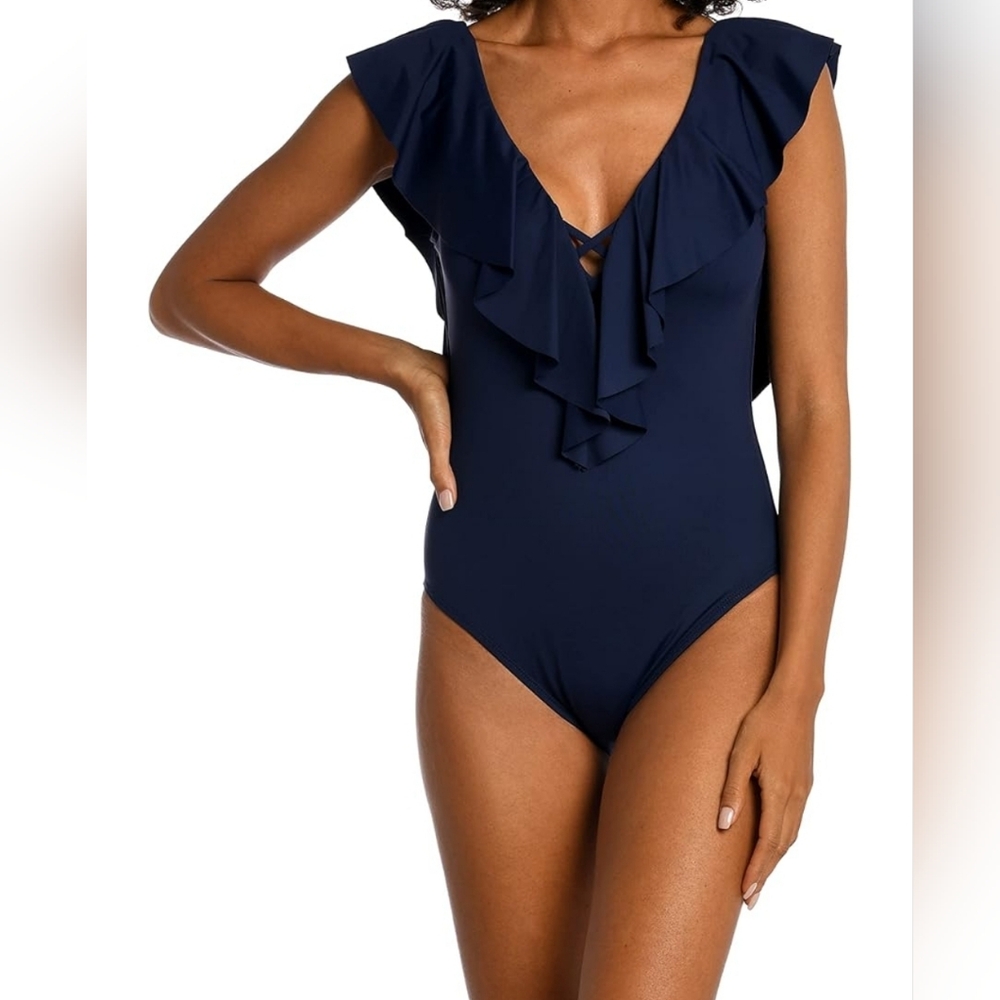 NWT - La Blanca Women's One Piece Swimsuit Over The Shoulder - Indigo - Size 14